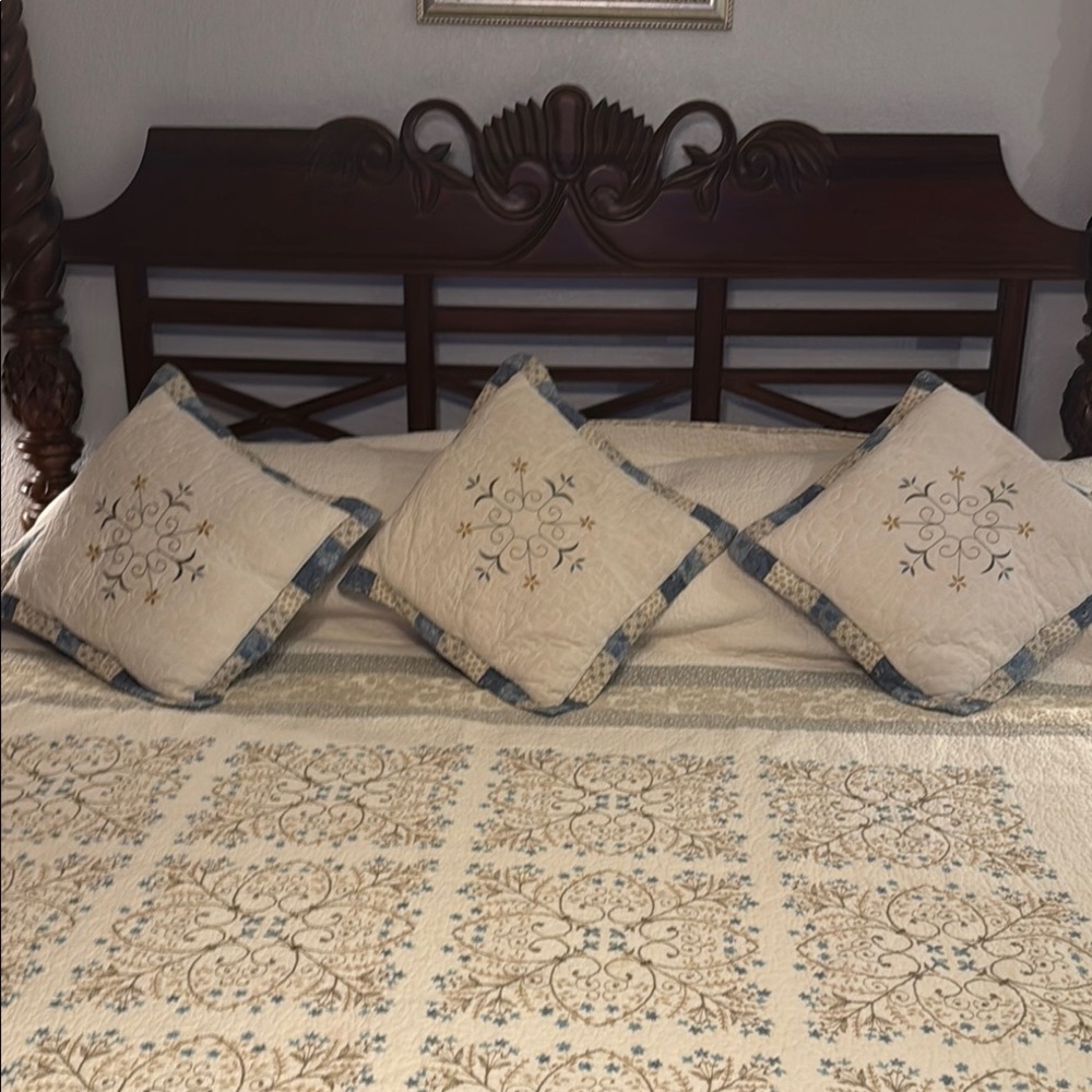 Pillows Set of 3 Cream and Blue Quilted Accent Pillows with Elegant Embroidery